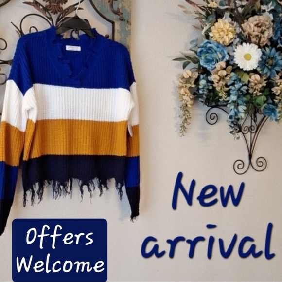 V-Neck Multi Color, Fringed, Cropped Sweater NWT  Size Large - Picture 1 of 14
